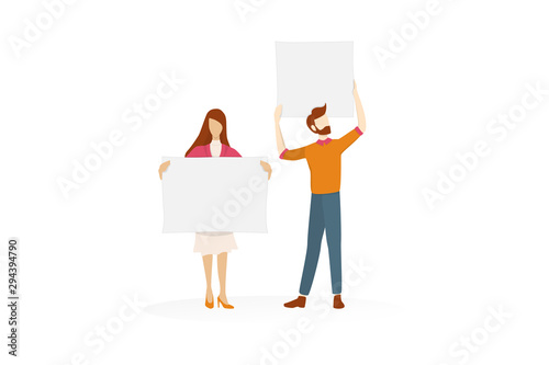 People hold banner. Group of character with blank