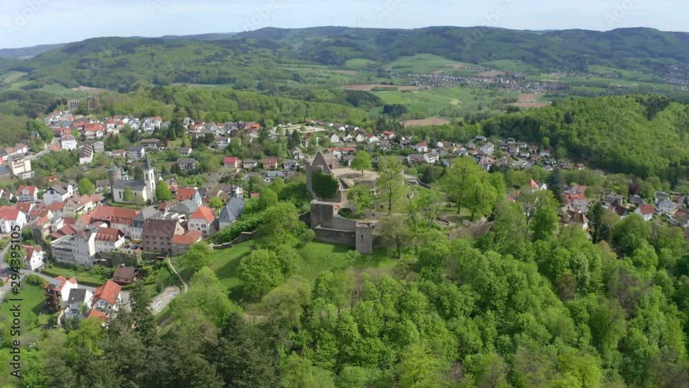 Aerial view, flight tof the castle Lindenfels, Medieval town Lindenfels, Bergstrasse, Hesse, Germany Aerial view, flight tof the castle Lindenfels, Medieval town Lindenfels, Bergstrasse, Hesse, Germany