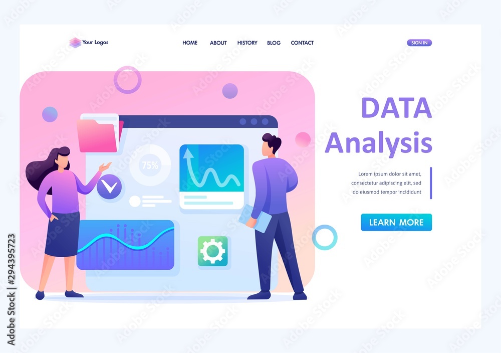 Young team of entrepreneurs engaged in business analysis on a large tablet. Flat 2D character. Landing page concepts and web design Young team of entrepreneurs engaged in business analysis on a large tablet. Flat 2D character. Landing page concepts and web design