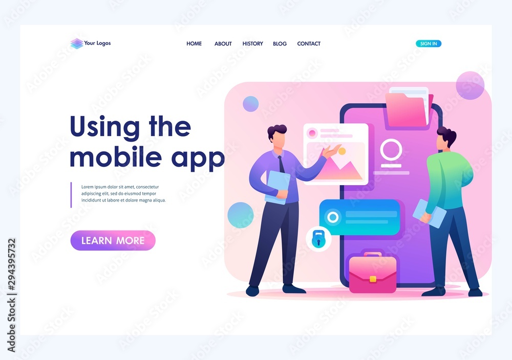 Young men standing near the mobile phone screen, the use of mobile application. Flat 2D character. Landing page concepts and web design