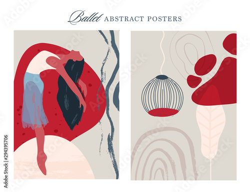 Ballet dancer girl poster set. Ballerina illustration. Abstract vector collection. Flat and Hand drawn brush ink textured art.