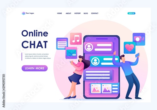 Young people correspond in a social network, online chat. Send photos and videos to each other. Flat 2D character. Landing page concepts and web design