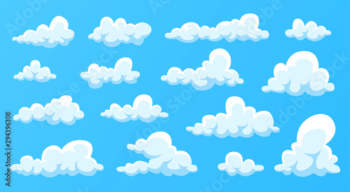 Fototapeta Naklejka Na Ścianę i Meble -  Clouds set isolated on a blue background. Simple cute cartoon design. Modern icon or logo collection. Realistic elements. Flat style vector illustration.