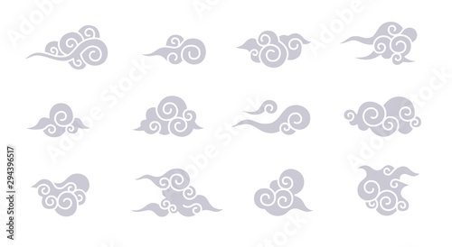 Chinese clouds set isolated on a white background. Simple cute cartoon design. Modern icon or logo collection. Realistic elements. Flat style vector illustration.
