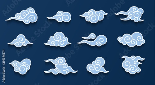 Chinese clouds set isolated on a blue background. Simple cute cartoon design. Modern icon or logo collection. Realistic elements. Flat style vector illustration.