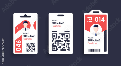 Vector id card template with clasp and lanyard. Red and white color mock up set. Modern colorful icon collection. Employee ID. Simple realistic design. Cute cartoon style. Flat style illustration.