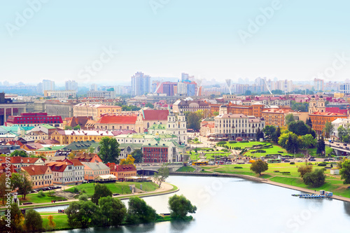 Panoramic aerial view, cityscape of Minsk, Belarus. Downtown, skyline