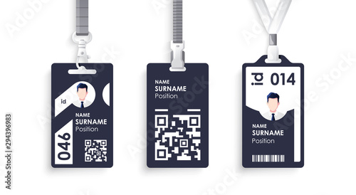 Vector id card template with clasp and lanyard. Blue and white color mock up set. Modern colorful icon collection. Employee ID. Simple realistic design. Cute cartoon style. Flat style illustration.