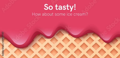 Seamless creamy liquid, yogurt cream, ice cream or milk melting and flowing on a waffle. Burgundy cherry creamy drips. Simple cartoon design. Background for banner. Realistic vector illustration.
