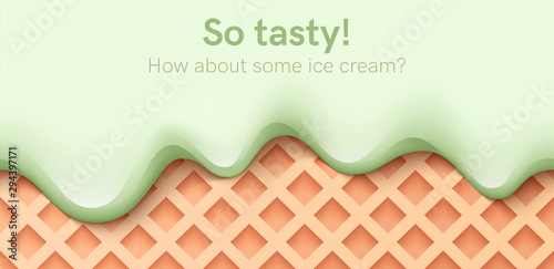 Seamless creamy liquid, yogurt cream, ice cream or milk melting and flowing on a waffle. Green pistachio drips. Simple cartoon design. Background for banner or poster. Realistic vector illustration