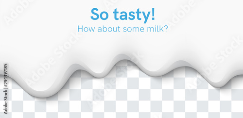 Seamless creamy liquid, yogurt cream, ice cream or milk melting and flowing on transparent background. White creamy drips. Simple cartoon design. Template for banner. Realistic vector illustration.