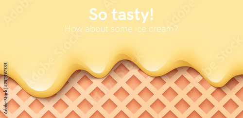 Seamless creamy liquid, yogurt cream, ice cream or milk melting and flowing on a waffle. Yellow banana drips. Simple cartoon design. Background for banner or poster. Realistic vector illustration