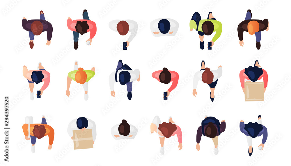 Top view of people set isolated on a white background. Men and women. View from above. Male and female characters. Simple flat cartoon design. Realistic vector illustration. - obrazy, fototapety, plakaty 