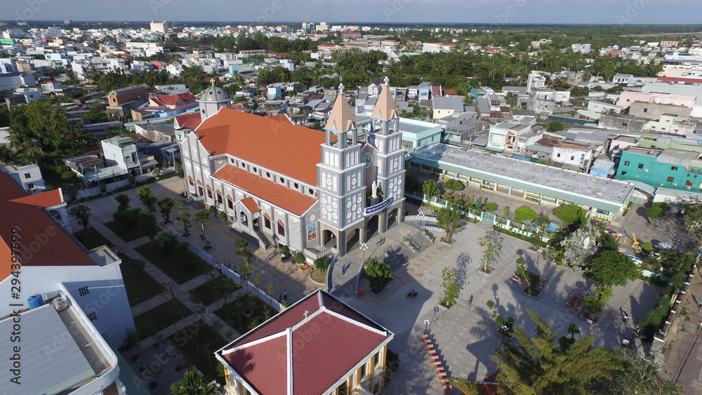 Aerial of Bao loc church in Ca mau city - Viet Nam