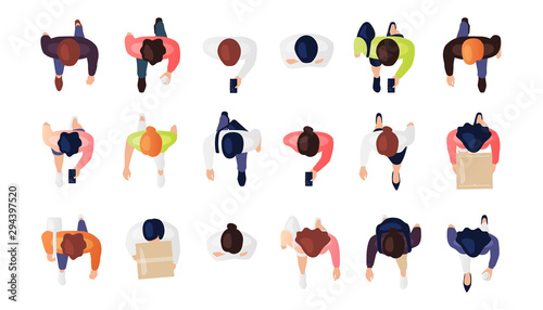 Top view of people set isolated on a white background. Men and women. View from above. Male and female characters. Simple flat cartoon design. Realistic vector illustration. photo