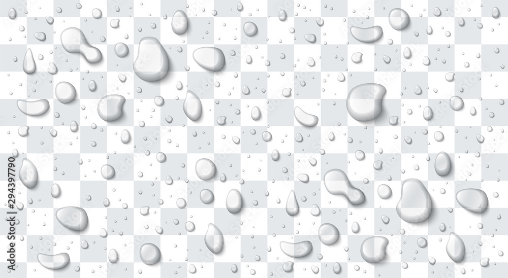 Vector water drops set isolated on a transparent background. Realistic illustration. Pure clear liquid. Different shapes. - obrazy, fototapety, plakaty 