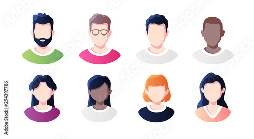 People avatars set isolated on a white background. Profile picture icons. Male and female faces. Cute cartoon modern simple design. Beautiful colorful template. Flat style vector illustration.