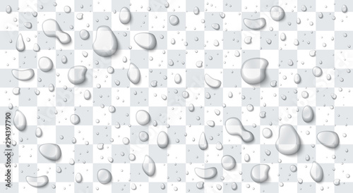 Fototapeta Vector water drops set isolated on a transparent background. Realistic illustration. Pure clear liquid. Different shapes.