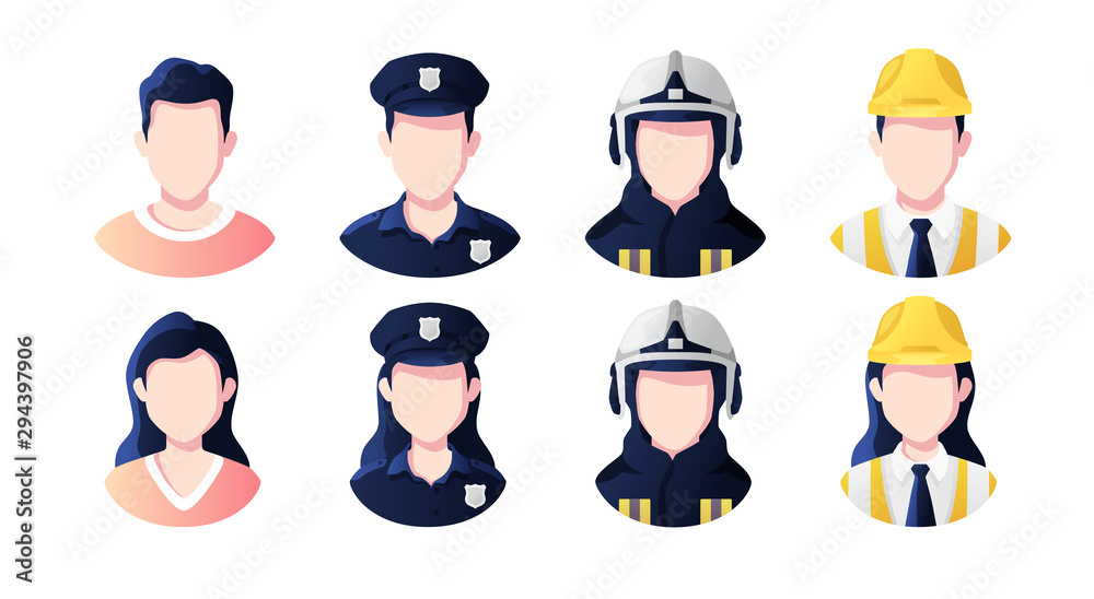 Profession, occupation people avatars set. Policeman, builder, fireman. Profile picture icons. Male and female faces. Cute cartoon modern simple design. Flat style vector illustration.