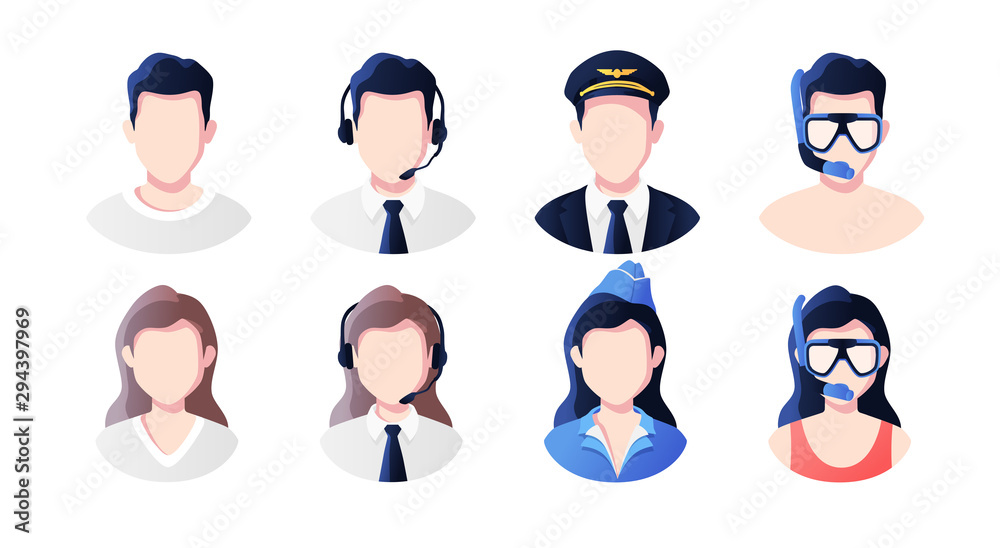 Profession, occupation people avatars set. Support, pilot, stewardess, vacationers. Profile picture icons. Male and female faces. Cute cartoon modern simple design. Flat style vector illustration. - obrazy, fototapety, plakaty 