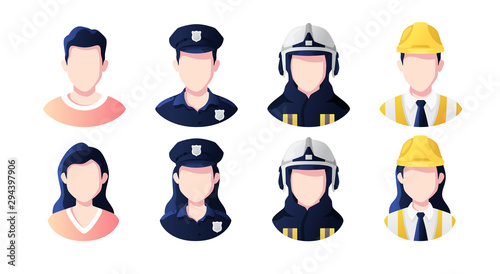 Profession, occupation people avatars set. Policeman, builder, fireman. Profile picture icons. Male and female faces. Cute cartoon modern simple design. Flat style vector illustration.