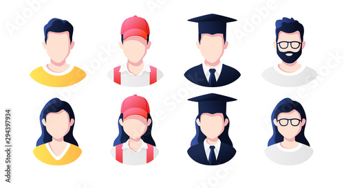 Profession, occupation people avatars set. Deliveryman, student, graduate, programmer. Profile picture icons. Male and female faces. Cute cartoon modern simple design. Flat style vector illustration.