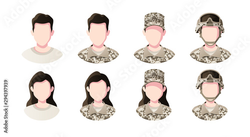 Profession, occupation people avatars set. Soldier. Profile picture icons. Male and female faces. Cute cartoon modern simple design. Flat style vector illustration.