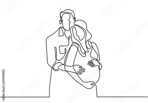 One line drawing of Happy pregnant woman and her husband. Couple family. Vector illustration simplicity design.