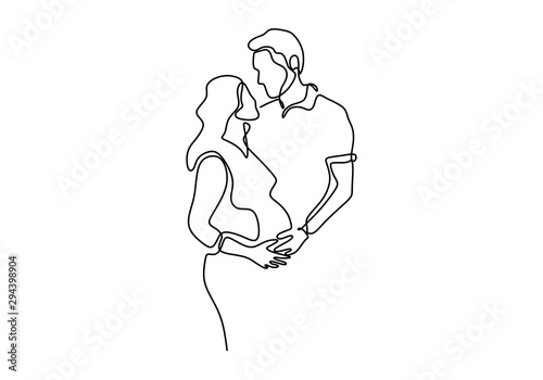 Continuous line drawing of Happy pregnant woman and her husband. Couple family, silhouette picture of mother.