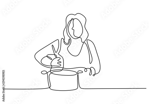 continuous one line drawing Girl cooking food vector illustration. Woman enjoy making foods.
