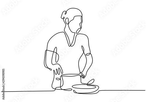 Awesome Girl cooking food continuous one line drawing vector illustration. Woman enjoy making foods.