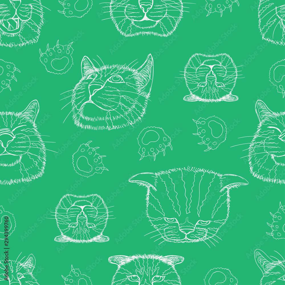 seamless pattern set line sketch of different element cat head funny and cute emotion and footprint. vector illustration eps10 seamless pattern set line sketch of different element cat head funny and cute emotion and footprint. vector illustration eps10