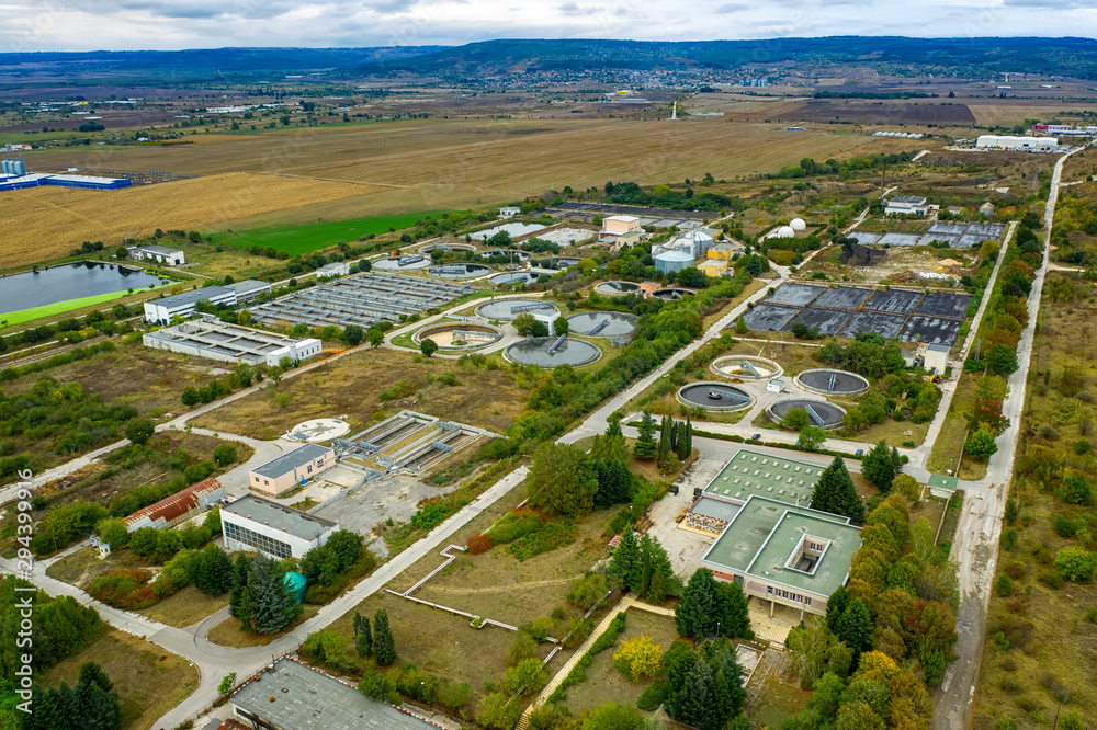 Aerial view to sewage treatment plant. Grey water recycling.