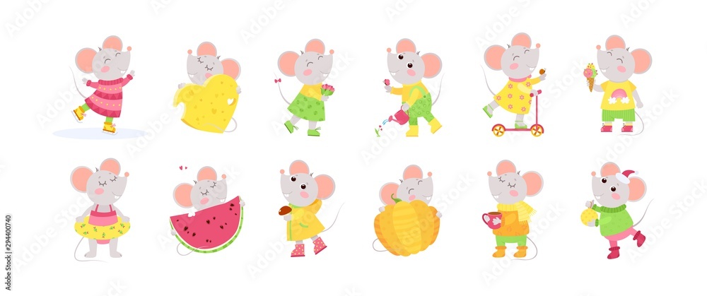 12 cute little mice cartoon characters.  Chinese zodiac sign.  New Year 2020. Big set of flat vector illustrations...