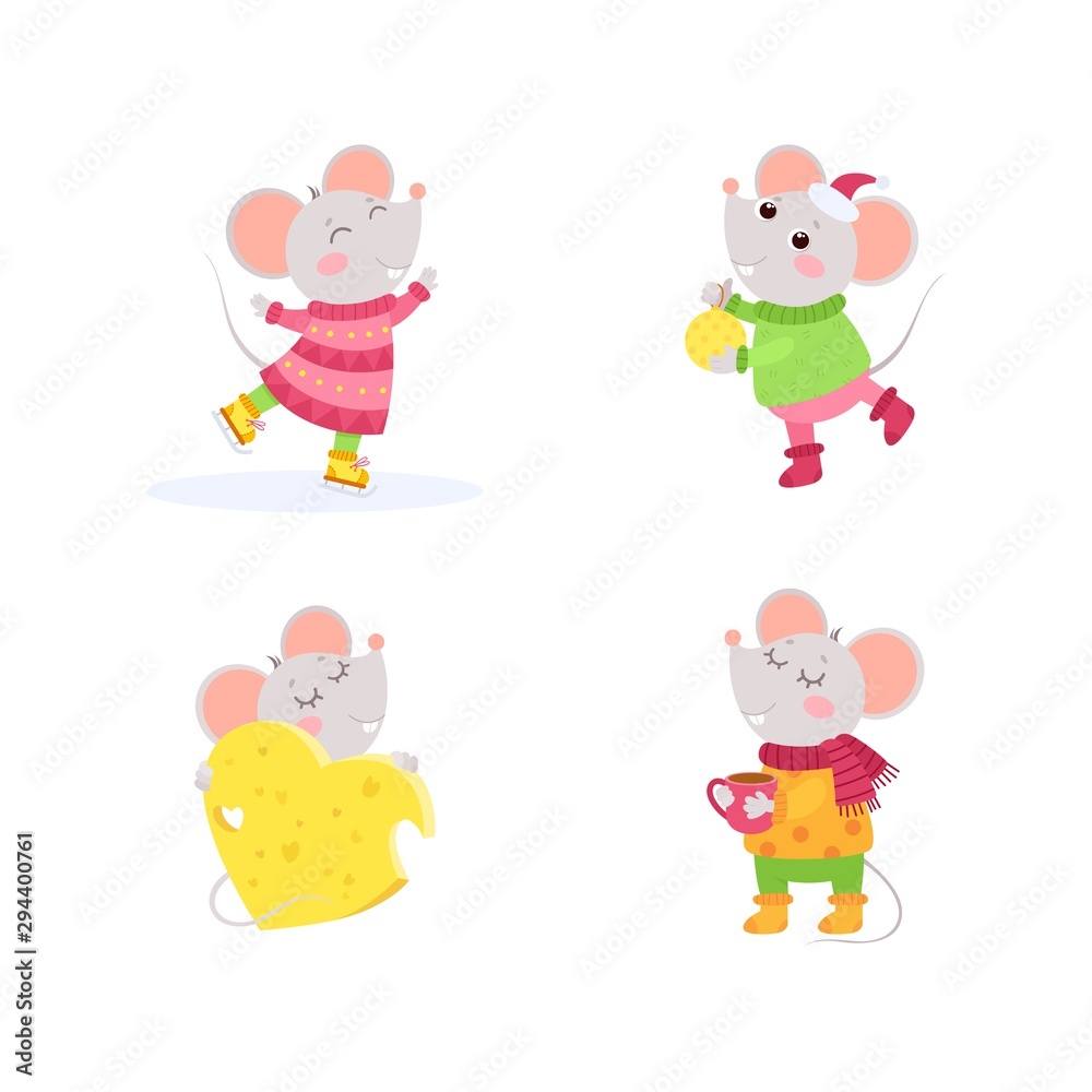 New Year 2020 flat vector characters set. Little mice winter characters. Chinese calendar zodiac sign. Rodent poster, square postcard design New Year 2020 flat vector characters set. Little mice winter characters. Chinese calendar zodiac sign. Rodent poster, square postcard design