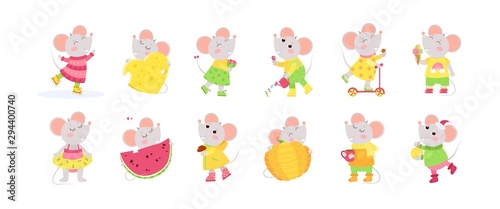 12 cute little mice cartoon characters.  Chinese zodiac sign.  New Year 2020. Big set of flat vector illustrations...