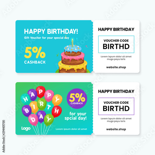 Birthday gift voucher card template design. 5% cashback coupon code promotion with birthday cake artwork and balloons background vector illustration.