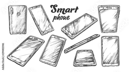 Smartphone Technology Gadget Set Vintage Vector. Collection In Different Side View Smartphone With Touchscreen Display. Phone Engraving Template Designed In Retro Style Monochrome Illustrations