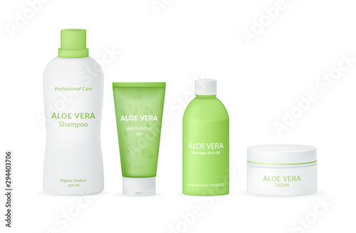 Realistic cosmetic packaging, perfumes, oils, shampoo, gel, skincare cream with aloe vera. Medicinal plant aloe vera vector isolated