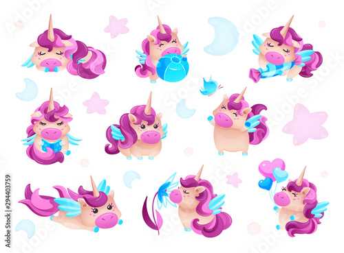 Funny cute unicorn set in different poses: sleeping, flying, playing with a ball, reading a book, smelling a flower cartoon vector illustration isolated
