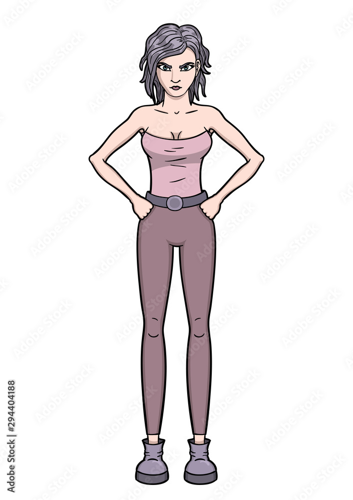 Full length portrait isolated on white background of pretty girl looking with angry gaze, holding arms on hips Full length portrait isolated on white background of pretty girl looking with angry gaze, holding arms on hips