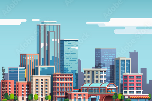 City downtown with skyscrapers, building, blue sky