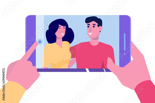 Smiling young Couple selfie on smartphone. Vector illustration.