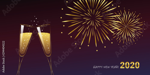 happy new year 2020 celebration fireworks and champagne vector illustration EPS10