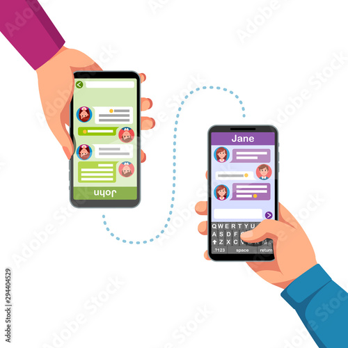 Two people hands holding phones, sending messages