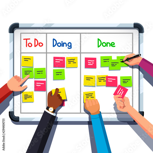Business people team hands placing notes on board