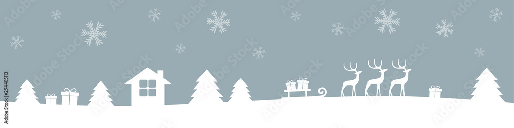 grey and white christmas winter border with reindeers gifts and firs vector illustration EPS10