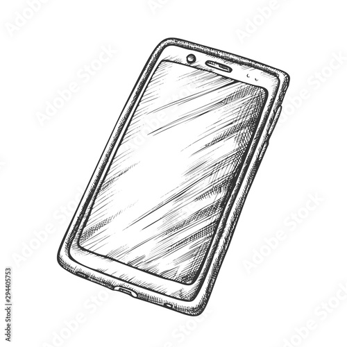Smartphone Handset Call Technology Retro Vector. Elegant Smartphone With Protective Case. Cell Phone For Conversation Engraving Concept Layout Hand Drawn In Vintage Style Monochrome Illustration