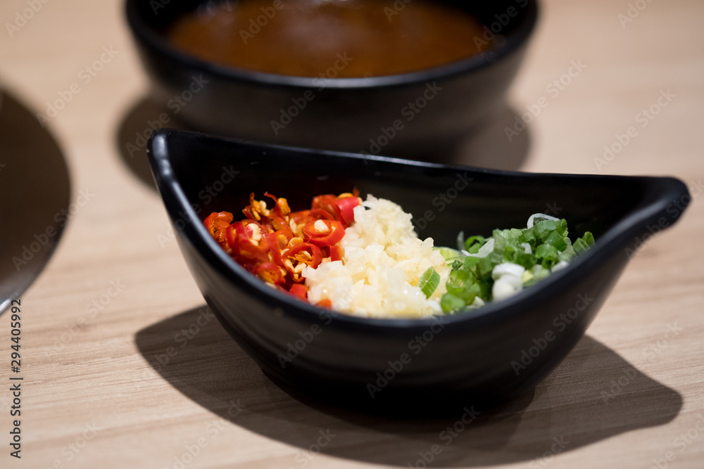Seasoning of shabu, spring onion, garlic Seasoning of shabu, spring onion, garlic