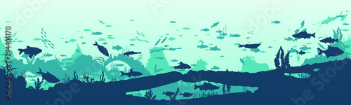 Silhouette of fish and algae on the background of reefs. Underwater ocean scene. Deep blue water, coral reef and underwater plants. a beautiful underwater scene; a vector seascape with reef.